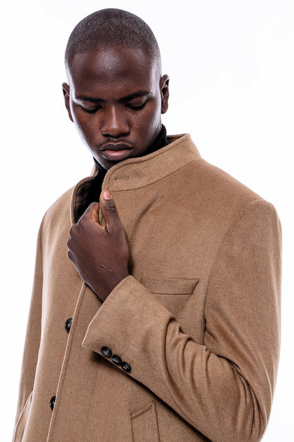 Camel Color Mandarin Collar Long Coat Wessi