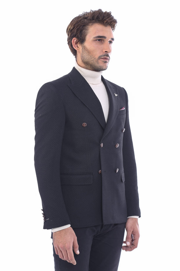 Double Breasted Slim Fit Black Blazer - Wessi