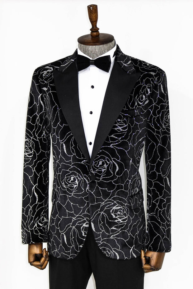 Silver Rose Patterned Over Black Men Prom Blazer Wessi