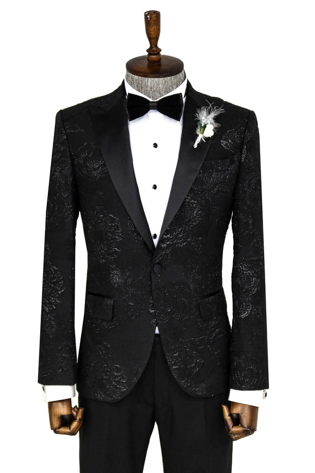 Floral Patterned Peak Lapel Black Tuxedo Blazer - Wessi