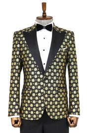 Floral Patterned Peak Lapel Black Men Prom Blazer - Wessi