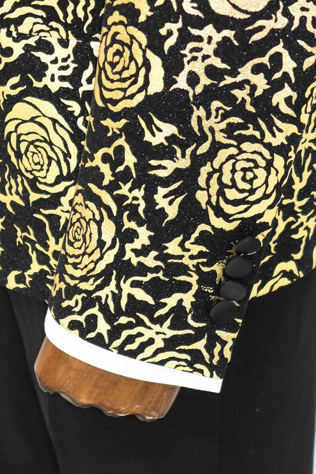 Gold Rose Patterned Slim Fit Black Men Prom Blazer - Wessi