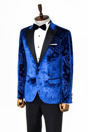 Floral Patterned Velvet Navy Blue Men Prom Blazer - Wessi