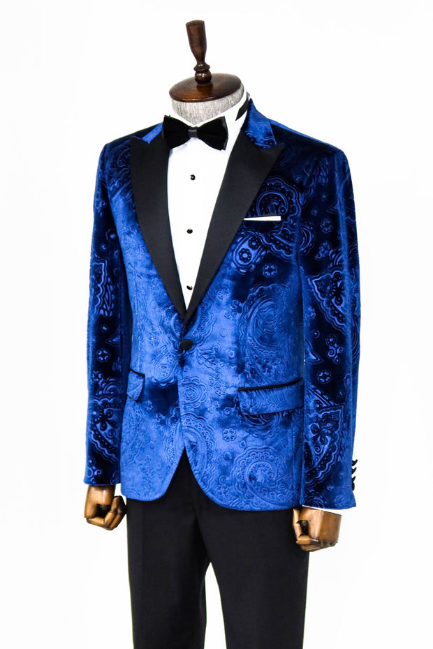 Floral Patterned Velvet Navy Blue Men Prom Blazer - Wessi