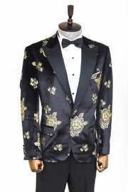Gold Floral Patterned Shiny Black Men Prom Blazer - Wessi