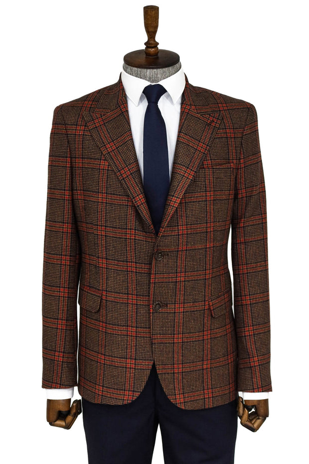 Checked Wool Brown Men Blazer - Wessi