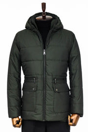 Slim Fit Hooded Green Men Coat - Wessi