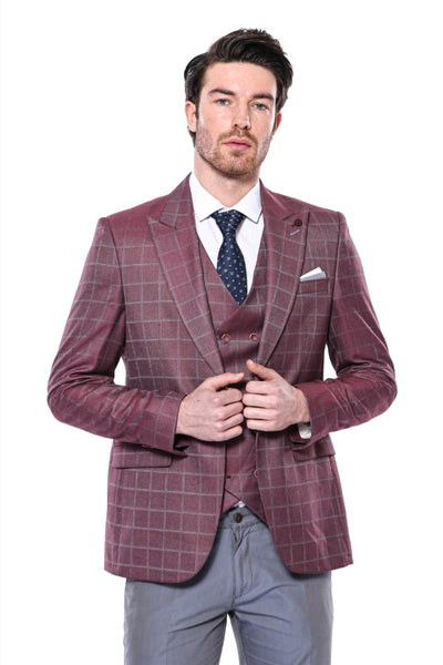 Combined Vested Burgundy Plaid Men's Suit - Wessi
