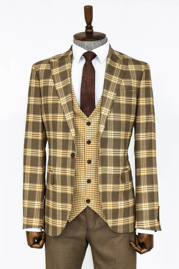 Slim Fit Patterned Checked Light Brown Men Suit - Wessi