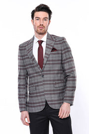 Slim-Fit Checked Burgundy Men Blazer - Wessi