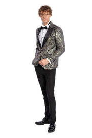Feather Patterned Slim Fit Navy Blue Men Prom Blazer - Wessi