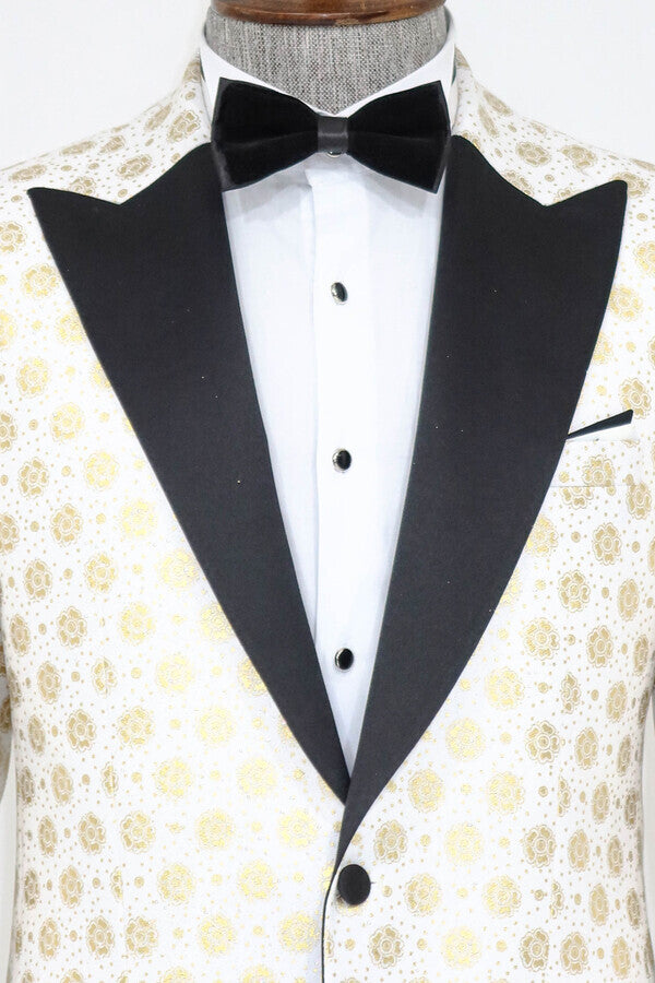 Floral Patterned Peak Lapel White Men Prom Blazer - Wessi