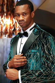 Patterned Dark Green Men Prom Blazer - Wessi