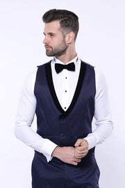 Patterned Velvet Lapel Navy Tuxedo | Wessi