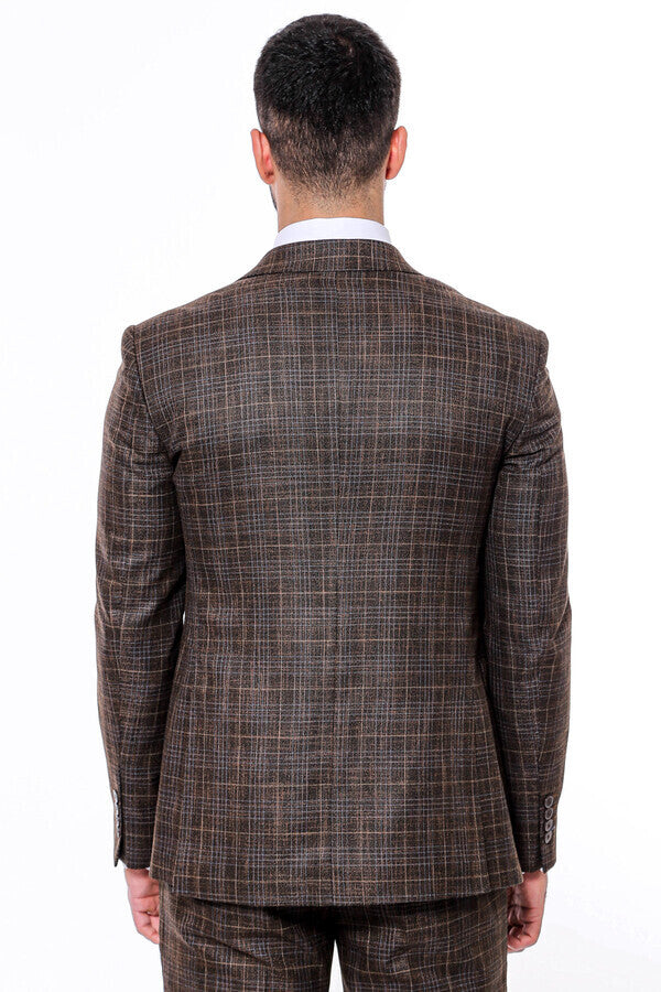 Patterned Vested Brown Slim-Fit Men’s Suit - Wessi