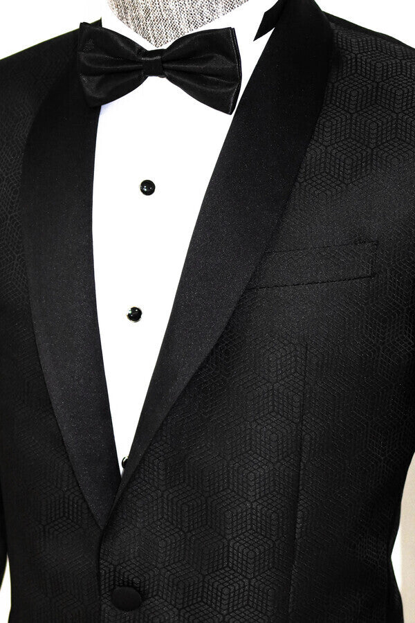 Pentagon Patterned Shawl Lapel Black Men Prom Blazer - Wessi