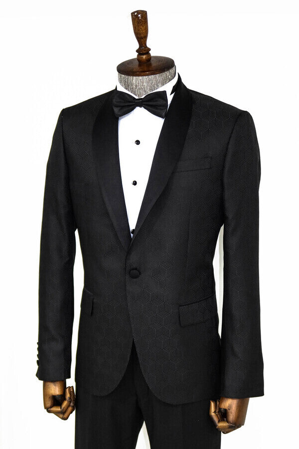 Pentagon Patterned Shawl Lapel Black Men Prom Blazer - Wessi
