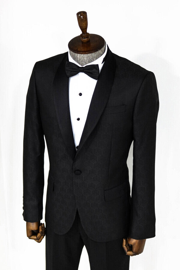 Pentagon Patterned Shawl Lapel Black Men Prom Blazer - Wessi