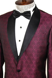 Pentagon Patterned Shawl Lapel Burgundy Men Prom Blazer - Wessi