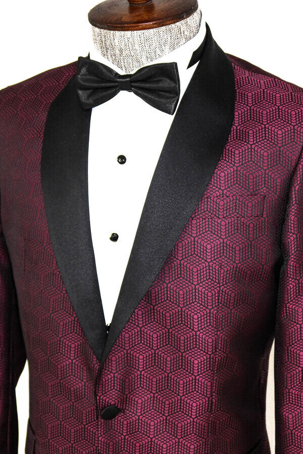 Pentagon Patterned Shawl Lapel Burgundy Men Prom Blazer - Wessi