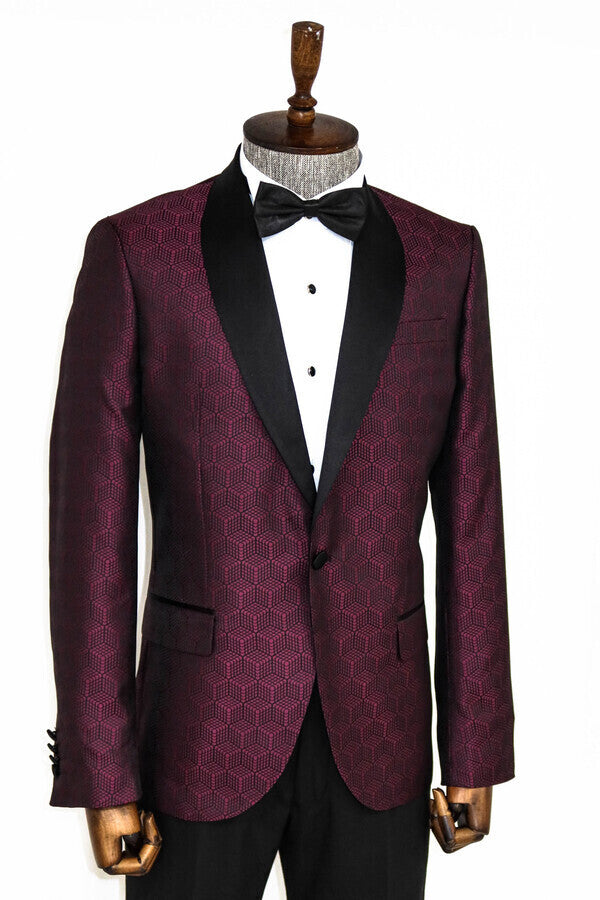 Pentagon Patterned Shawl Lapel Burgundy Men Prom Blazer - Wessi