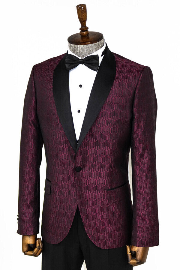Pentagon Patterned Shawl Lapel Burgundy Men Prom Blazer - Wessi