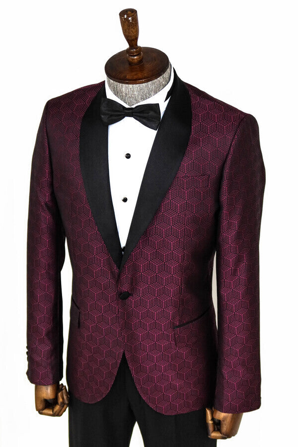 Pentagon Patterned Shawl Lapel Burgundy Men Prom Blazer - Wessi
