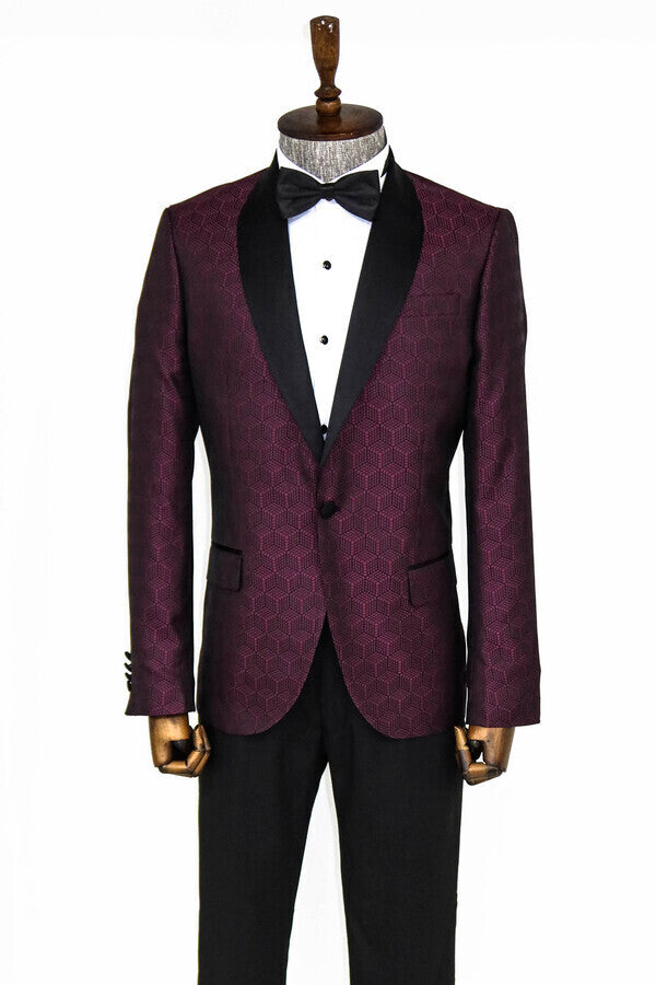 Pentagon Patterned Shawl Lapel Burgundy Men Prom Blazer - Wessi
