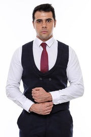 Plaid Collared Double Breasted Navy Blue Men Vest - Wessi