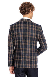 Plaid Slim Fit Navy Blue Men Blazer - Wessi