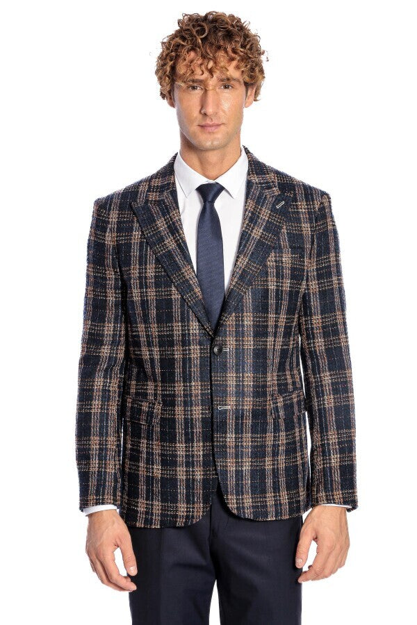 Plaid Slim Fit Navy Blue Men Blazer Wessi