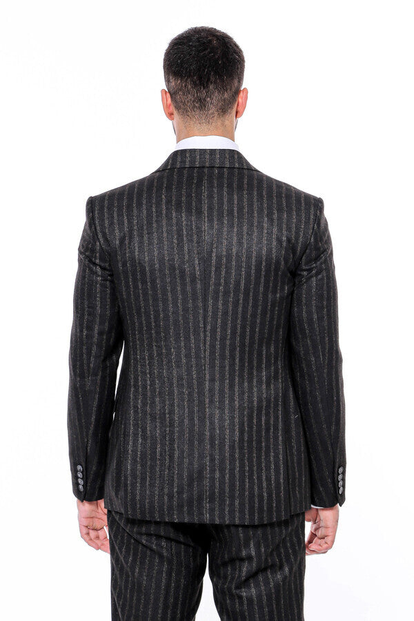 Striped Black Slim-Fit Vested Men's Suit - Wessi
