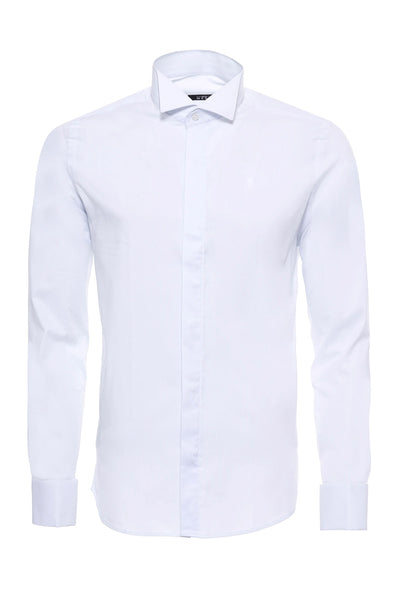 White Plain Stand Collar Formal Tuxedo Shirt 3-piece-suit, Basic, Classic, Cuff, Essentials, Formal, Italian, L, Long Sleeve, M, Modern Fit, Party, Plain, S, Shirt, Slim Fit, Wedding, white, 