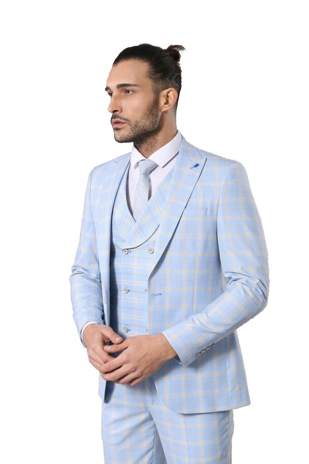 Baby Blue Checked Three Pieces Of Suit Wessi