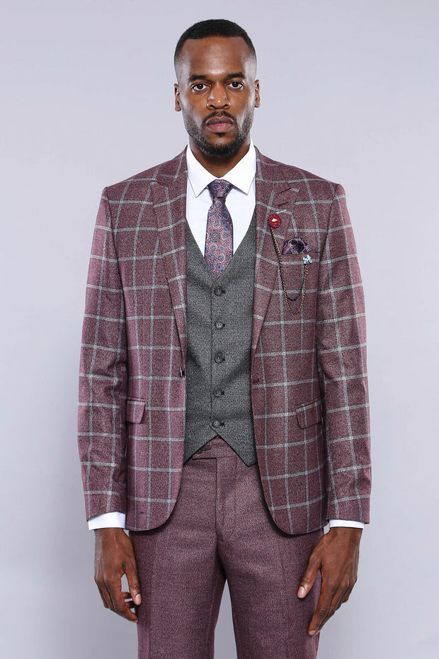 Burgundy Combined Suit | Wessi 3 Piece Suits, 3-piece-suit, 34, 36, 38, 42, 46, 48, mens-suit_obsolete, Modern Fit, Peak, Peak Lapel, Slim Fit, Suit Suit3 Piece Suits - wessi