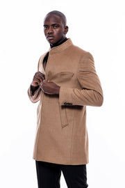 Camel Color Mandarin Collar Long Coat | Wessi 3-piece-suit, 40, 42, 48, Brown, Long Coat, Modern Fit, Outwear, Peacoat, Slim Fit, tan OutwearPeacoatLong Coat - wessi