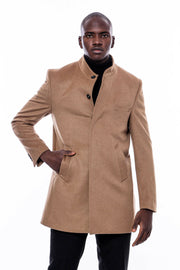 Camel Color Mandarin Collar Long Coat | Wessi 3-piece-suit, 40, 42, 48, Brown, Long Coat, Modern Fit, Outwear, Peacoat, Slim Fit, tan OutwearPeacoatLong Coat - wessi