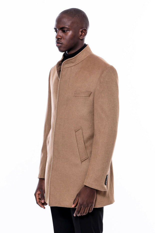 Camel Color Mandarin Collar Long Coat | Wessi 3-piece-suit, 40, 42, 48, Brown, Long Coat, Modern Fit, Outwear, Peacoat, Slim Fit, tan OutwearPeacoatLong Coat - wessi