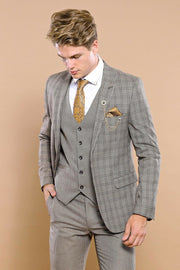 Checked Brown Vested Men's Suit | Wessi 3-piece-suit, 38, 42, Brown, Checked, mens-suit, mens-suit_obsolete, Modern Fit, Peak, Peak Lapel, Plaid, Plaid Suit, Slim Fit, Suit, tan SuitPlaid Sui