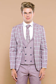 Checked Light Burgundy Vested Suit | Wessi 3-piece-suit, 36, 38, 40, 42, Checked, Double Breasted, mens-suit_obsolete, Modern Fit, Peak, Peak Lapel, Plaid, Slim Fit, Slim Fit Suit, Suit SuitS