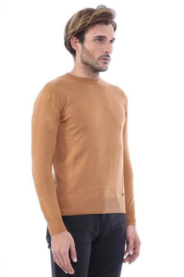 Circle Collar Camel Color Sweater 3-piece-suit, Brown, Crew Neck, Crew Neck Sweater, Daily, Knit, Knitwear, Modern Fit, S, Slim Fit, tan KnitwearCrew Neck Sweater - wessi