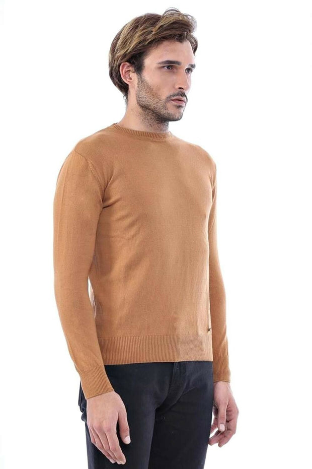 Circle Collar Camel Color Sweater 3-piece-suit, Brown, Crew Neck, Crew Neck Sweater, Daily, Knit, Knitwear, Modern Fit, S, Slim Fit, tan KnitwearCrew Neck Sweater - wessi