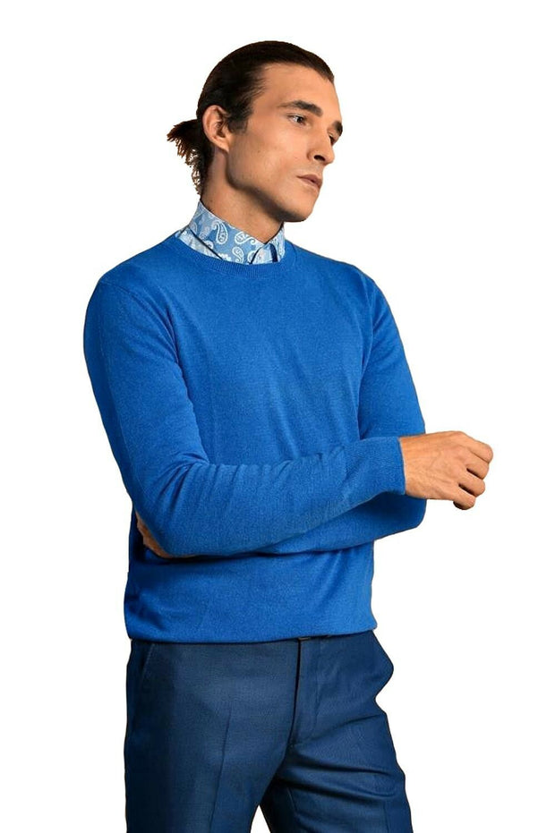 Circle Collar Indigo Color Sweater 3-piece-suit, blue, Crew Neck, Crew Neck Sweater, Daily, Knit, Knitwear, M, S KnitwearCrew Neck Sweater - wessi