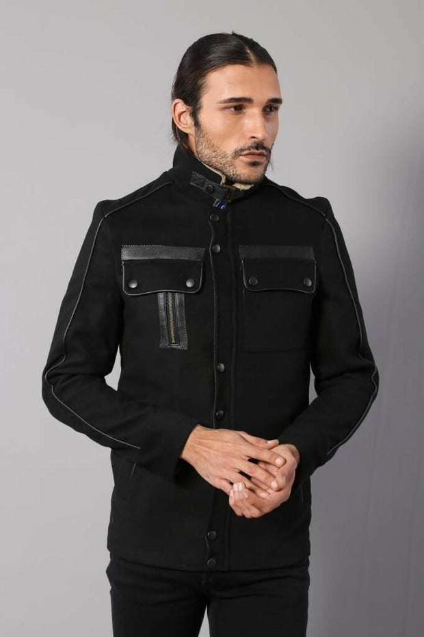 Fur Collar 4 Pockets Black Coat 3-piece-suit, 36, 38, 40, 42, 44, 46, Black, Coat, Hooded, Kaban, Modern Fit, Outwear, Slim Fit, Zippered OutletCoat - wessi