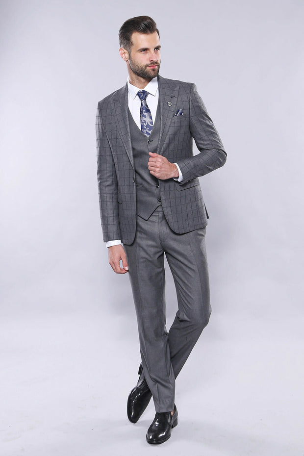 Grey Vested Checked Suit | Wessi 3 Piece Suits, 3-piece-suit, 34, 36, 38, 40, 42, 44, 46, 48, Checked, mens-suit, mens-suit_obsolete, Modern Fit, Peak, Peak Lapel, Plaid, Slim Fit, Suit Suit3