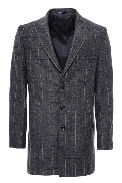Grey White Navy Striped Peak Lapel Cachet Coat $100 - $150, 36, 38, 40, 42, 44, 46, 48, Blue, Cachet, Classic, Coat, Dark Grey, Grey, Italian, Long Coat, Modern Fit, Navy, Navy Blue, Outwear,