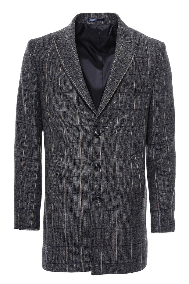 Grey White Navy Striped Peak Lapel Cachet Coat $100 - $150, 36, 38, 40, 42, 44, 46, 48, Blue, Cachet, Classic, Coat, Dark Grey, Grey, Italian, Long Coat, Modern Fit, Navy, Navy Blue, Outwear,