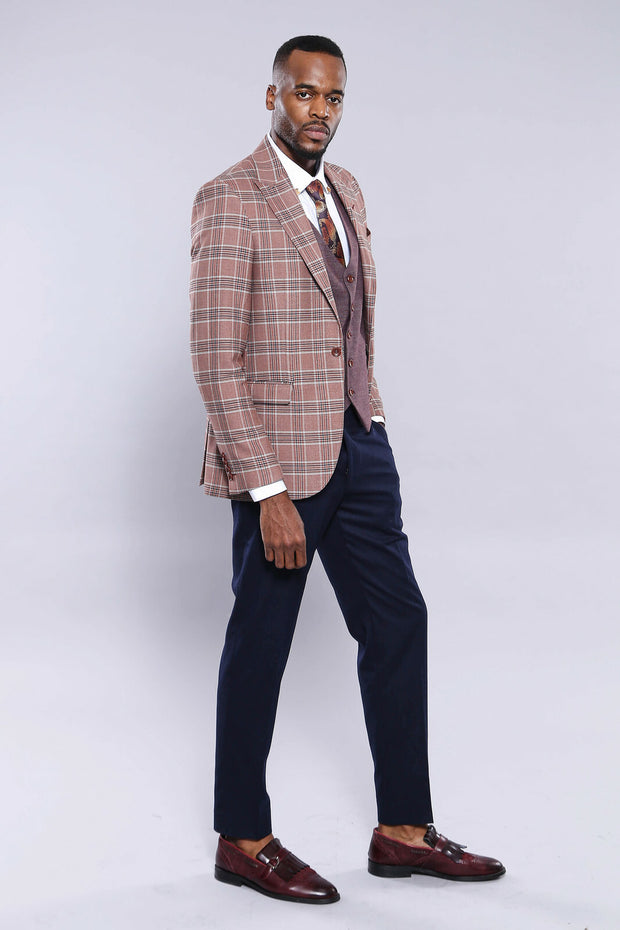 Light Burgundy Checked Combined Suit | Wessi 3 Piece Suits, 3-piece-suit, 34, 38, 40, 42, 46, Blue, Checked, Classic Blazer, Combined Suit, mens-suit, mens-suit_obsolete, Navy, Navy Blue, Pea