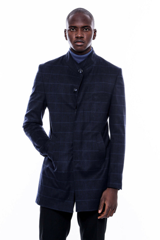 Mandarin Collar Navy Checked Coat 36, 38, 40, 42, 44, 46, 48, Blue, Checked, Mandarin Collar Peacoat, Modern Fit, Navy, navy-blue, Outwear, Peacoat, Plaid, Slim Fit OutwearPeacoatMandarin Col