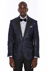 Navy Blue Sequin Patterned Party Blazer | Wessi 3-piece-suit, 36, 38, 40, 42, 44, 46, 48, Blue, Men's Blazers, Modern Fit, Navy, navy-blue, Peak, Peak Lapel, Shiny, Slim Fit, Slim Fit Blazers